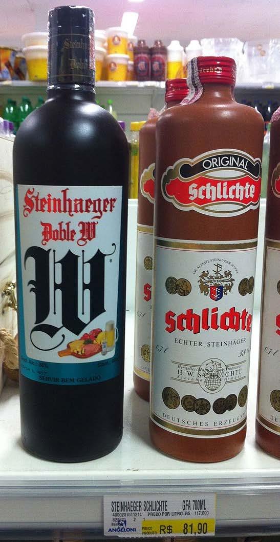 Steinhaeger no Brasil Bebida destilada aromatizada com zimbro Surgiu na cidade de Steinhagen no século XV IG alemã protegida desde 1989 Introduzido por