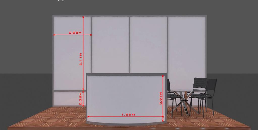 MEDIDAS DOS ESTANDES Veículos 4,00m x 3,00m - 12m² piso deck Parede medindo 4,00m x 2,70m Parede adesivada com a arte padrão do evento (c/ o logo do expositor) Estrutura geral dos estandes - 1 mesa