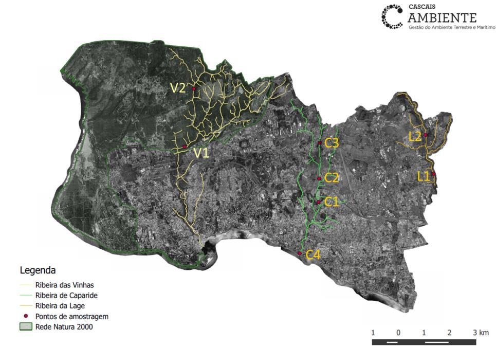 Figura 4 - mapa de localização das 3 ribeiras selecionadas e dos pontos de amostragem em cada ribeira Estes pontos foram selecionados de acordo com o caudal da ribeira, velocidade de corrente,