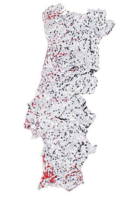 Figura 2 - Distribuição da enguia-europeia (Anguilla anguilla) em Portugal Continental, obtida através de amostragens ocorridas entre 1995 e 2007.