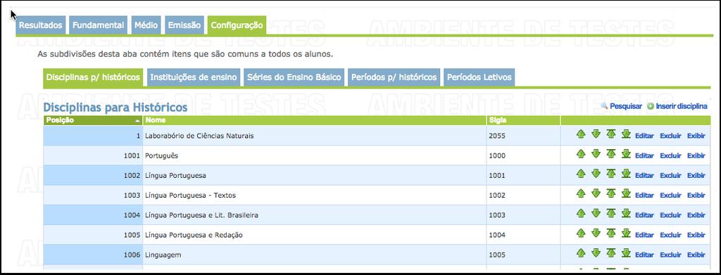 Configuração (comum a todos os alunos) Esta aba é equivalente à opção Secretaria/Históricos e