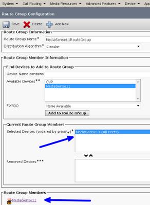 Adicionar novo Dê-lhe um nome: MediaSense11RouteGroup Adicionar MediaSense11 aos dispositivos selecionados sob membros atuais do grupo de rotas Etapa 4.