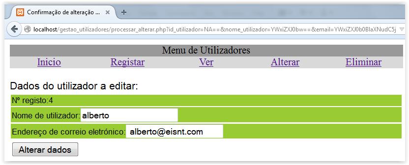 <head> <meta http-equiv="content-type" content="text/html; charset=iso-8859-1" /> <title>alterar dados do utilizador</title> </head> // ligar a base de dados $ligacao = mysql_connect('localhost',