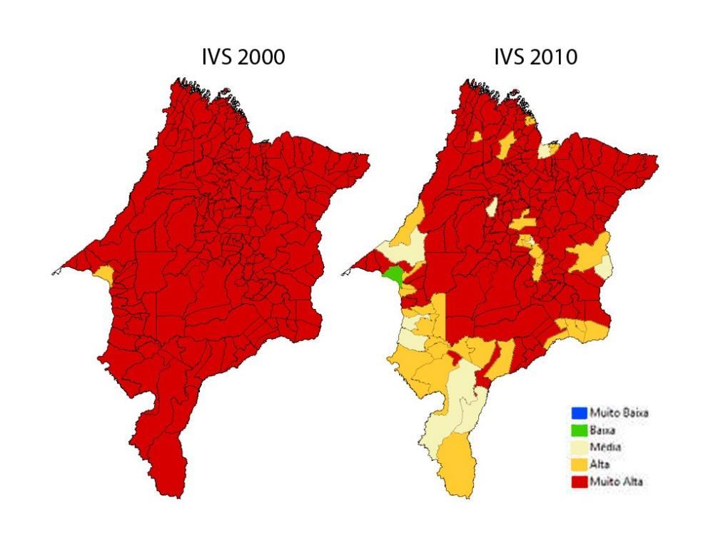Figura 2 Índice de Vulnerabilidade Social - Maranhão 2000-2010 Na Tabela 2, ranking dos dez melhores/piores IVS dos municípios maranhenses.
