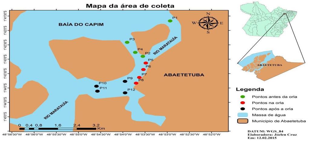 Figura 1. Mapa da área com os 12 pontos amostrais. Foram coletadas 12 amostras de água em garrafas de polietileno de 1 L, cada garrafa corresponde a um ponto distinto.