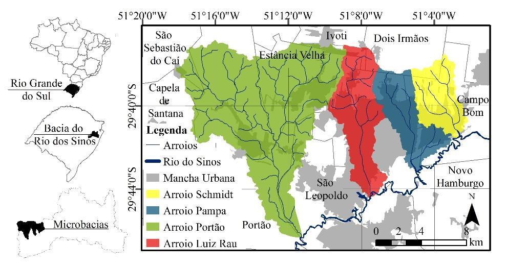 METODOLOGIA A micro bacia do Arroio Luiz Rau (MLR) está localizada a 29º40 Latitude Sul e 51º08 Longitude Oeste, abrangendo uma área de 38,47 km² entre os municípios de Novo Hamburgo, Dois Irmãos e