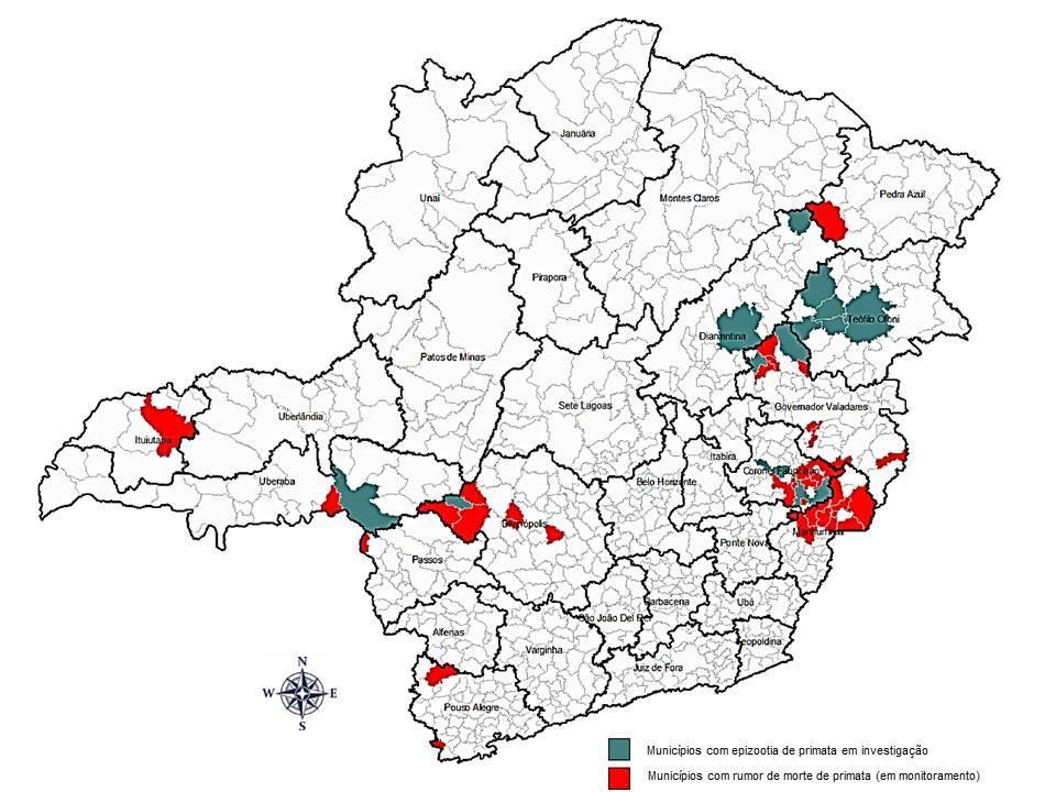 Figura 2 Municípios com epizootias em investigação ou rumor de morte de primata sob monitoramento, Minas Gerais, 2017.