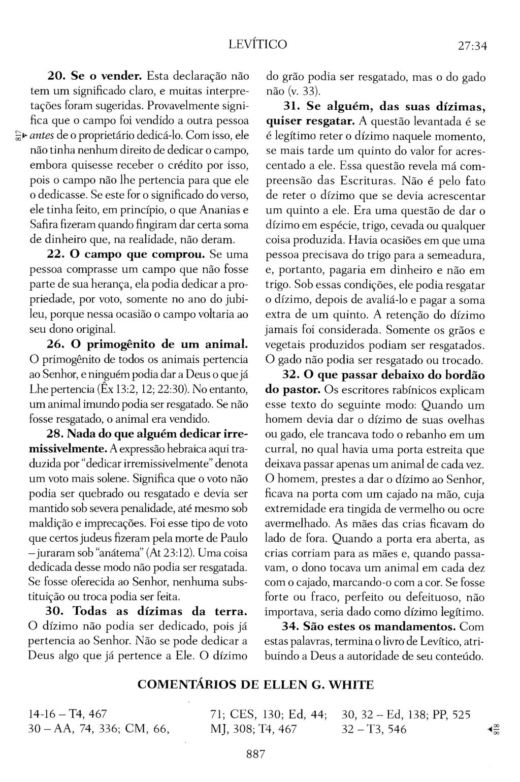 LEVÍTICO 27:34 20. Se o vender. Esta declaração não tem um significado claro, e muitas interpretações foram sugeridas.