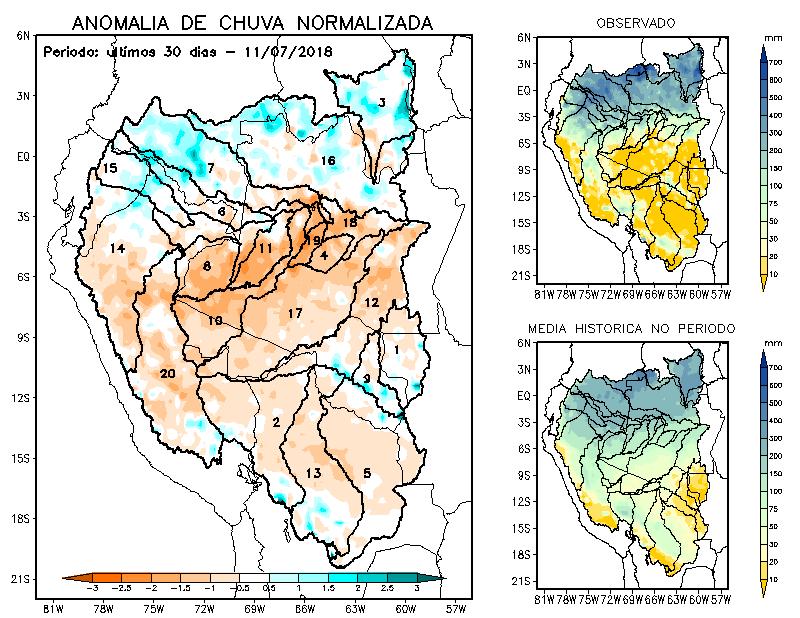 análise, 11 de junho a 11 de julho, de acordo com a climatologia da região (Figura 2, quadro inferior à direita), as bacias dos rios Aripuanã, Ji-Paraná, Guaporé, Mamoré e Beni mostram tendência de