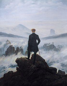 Viajante sobre o Mar de Névoa de Caspar David Friedrich A figura tem postura ereta, heroica e se destaca.