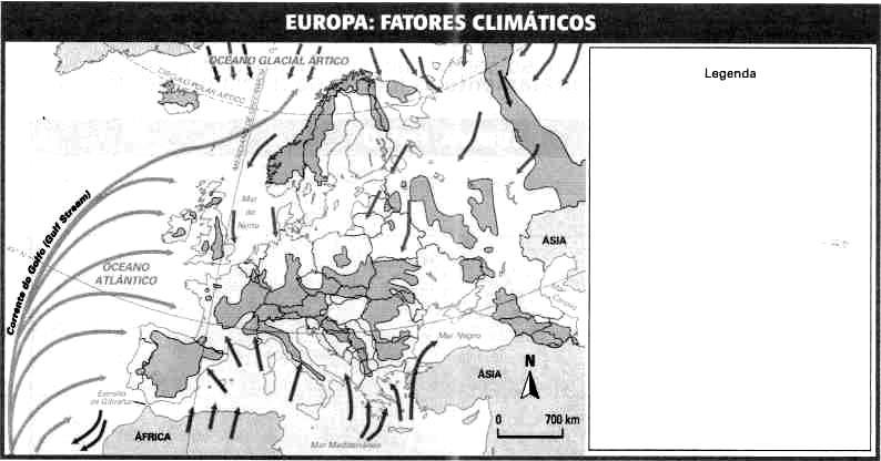 9- Observe o mapa a seguir e indique na legenda quais são os fatores climáticos predominantes na Europa.