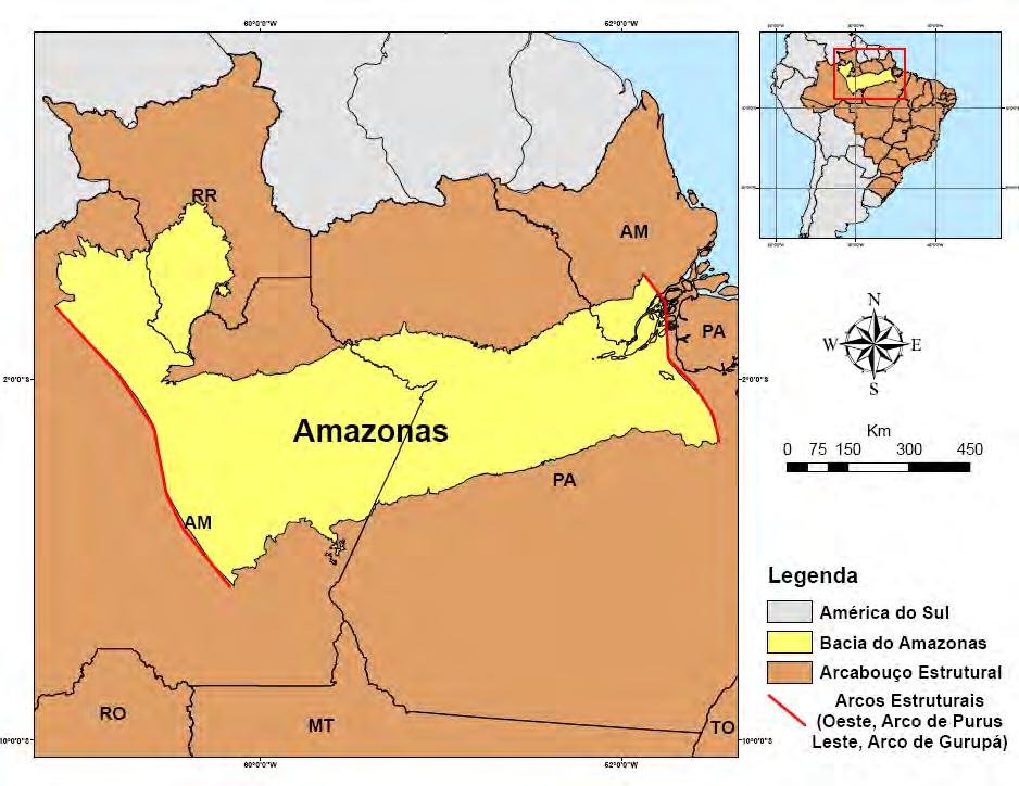 2 LOCALIZAÇÃO A Bacia do Amazonas situa-se na região norte do Brasil, ocupando parte dos estados do Amazonas, Pará e Amapá compreendendo uma área de 606.233 km 2 (Figura 1).