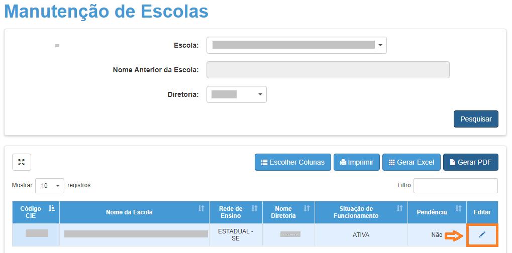 Perfis da Escola: Alguns campos estão preenchidos, sendo necessário, apenas, clicar em pesquisar e