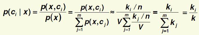 knn Entretanto, podemos usar o knn para estimar diretamente a probabilidade a posteriori P( ci x ) Sendo