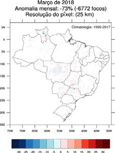 2: março/2018 Anomalia de detecções registradas em março/2018 Houve redução de mais de 20% na quantidade de queimadas em alguns estados brasileiros, como na Bahia, no Paraná e em Pernambuco (Tabela 1.
