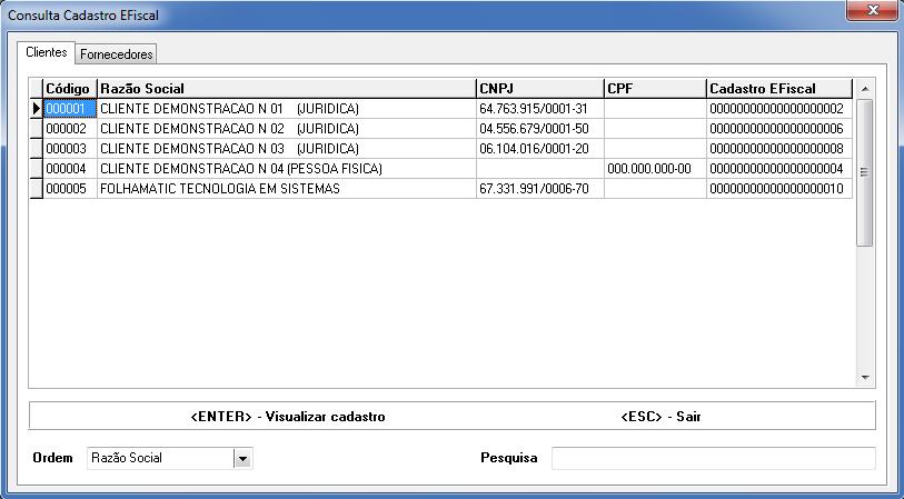 Cadastro Efiscal Menu Relatórios Cadastro de