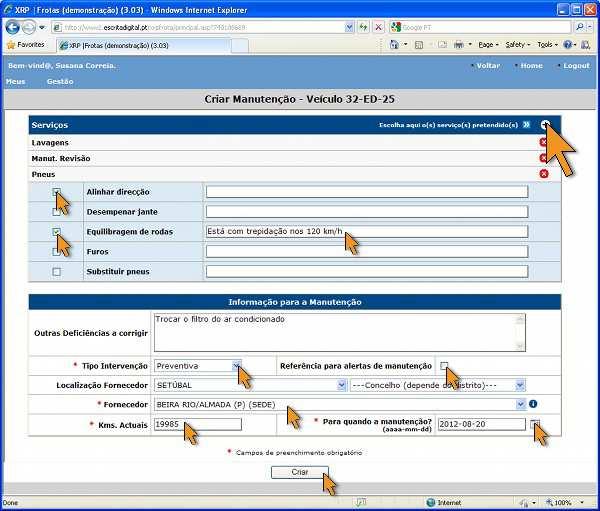 Alguns dos serviços que selecionou poderão ter detalhes adicionais, como é o caso do serviço de rodas no exemplo seguinte: 5) Selecione e preencha os serviços desejados.