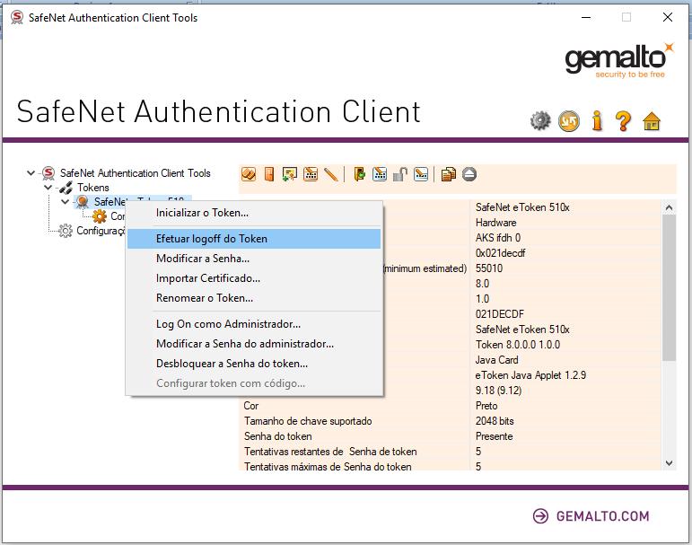 4 Como fazer o logoff no token: Clique com o botão direito do mouse na opção SafeNet e Token 5110 (nome do token) e