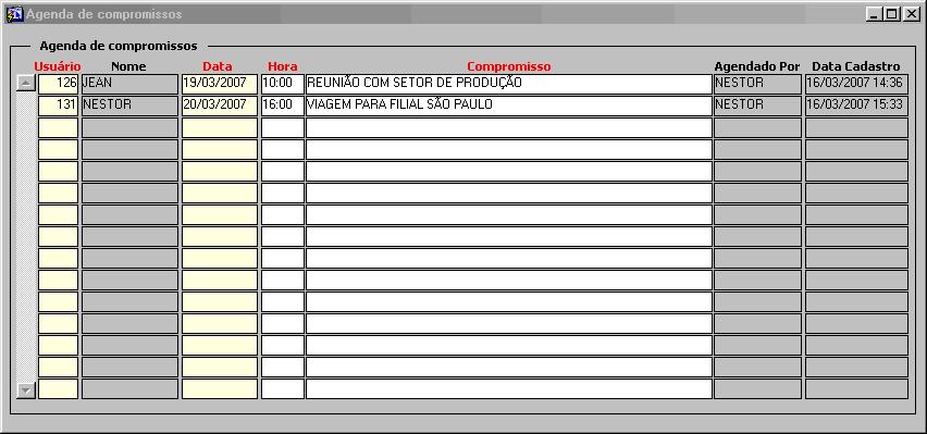 3.7. Nos campos Agendado por e Data Cadastro o sistema traz o nome do usuário que fez o agendamento dos compromissos, a data e a hora. 3.8. Pressione a tecla de função F10, para salvar as alterações.