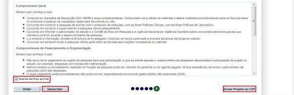 Após aceitar o termo de compromisso, caso não haja nenhum documento a ser anexado ou campo a ser preenchido você poderá enviar seu projeto ao CEP.