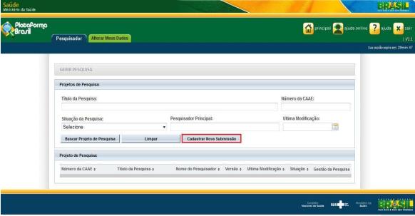 Tela inicial Após efetuar o login na Plataforma Brasil, você terá acesso à tela inicial do sistema.