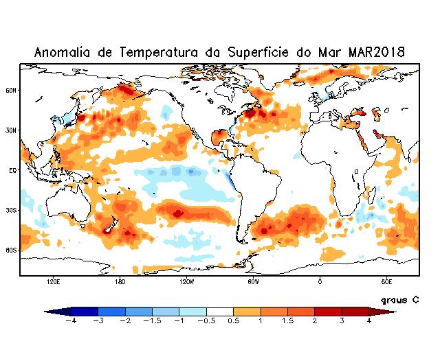 Figura 3 TSM nos oceanos em março de 2018. Fonte: CPTEC.