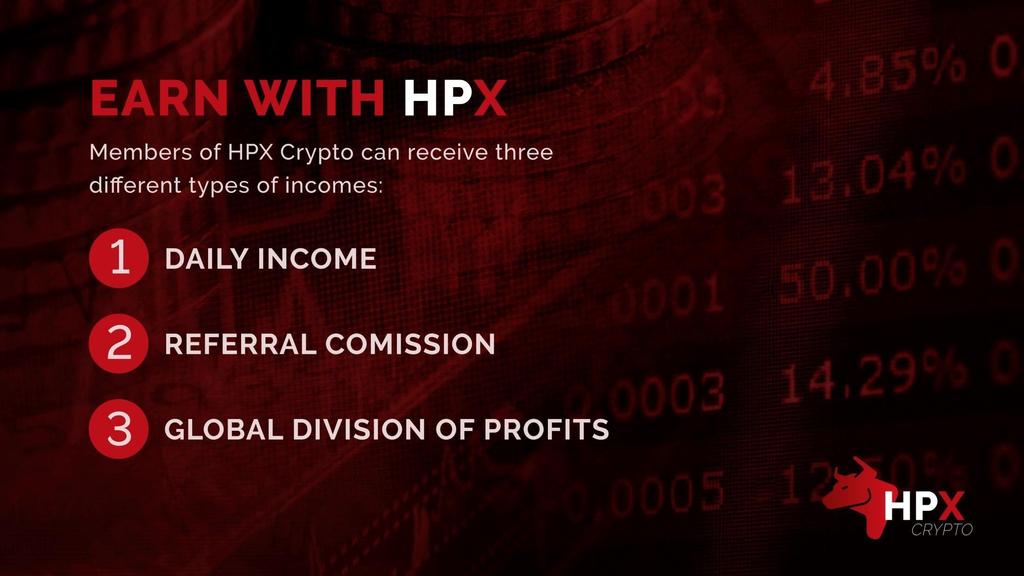 GANHE COM HPX Os membros da HPX Crypto podem receber três tipos