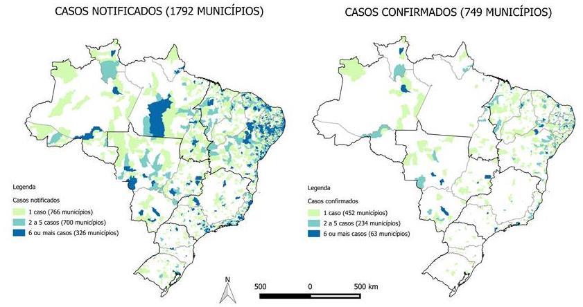 2. Distribuição geográfica Segundo a distribuição geográfica, os 10.574 casos notificados estão distribuídos em 1.792 (32,2%) dos 5.570 municípios brasileiros, conforme tabela 2 e figura 1 abaixo.