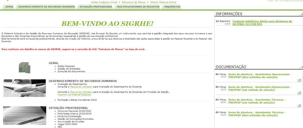 2 Instruções de utilização SIGRHE 2.1 Acesso à aplicação A aplicação encontra-se disponível no Portal da DGAE ou diretamente através do endereço: https://sigrhe.dgae.mec.pt/.