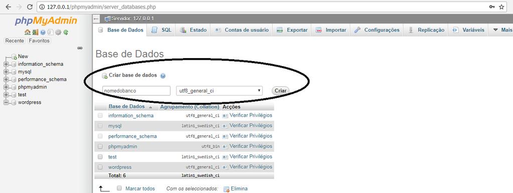 Criação do banco de dados local Se um banco de dados relacionados ainda não exisitir na lista suspensa Database a esquerda, crie uma: Escolha um nome para seu banco de dados ('wordpress' ou 'blog'