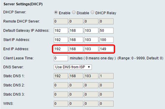 Todo o DHCP Client que junta-se ao LAN é atribuído um IP address nesta escala. Nota: Neste exemplo, o IP address do fim é 192.