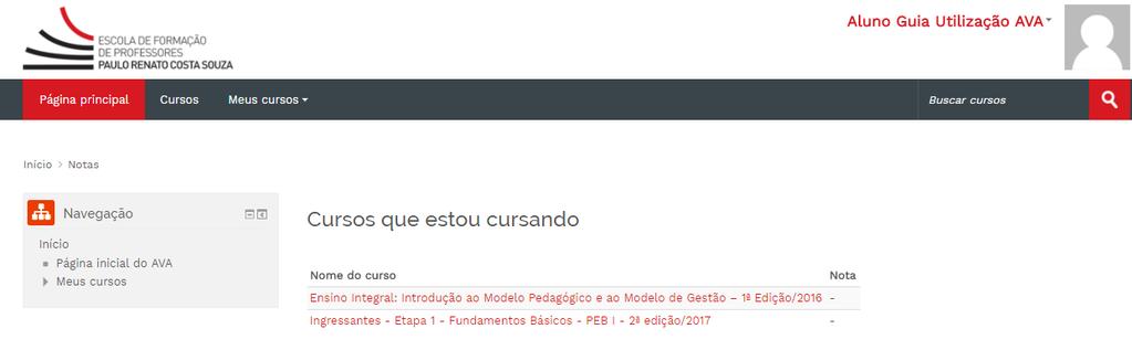 Feito isso, será exibida a lista de cursos em que você está inscrito: Clique no nome do curso e uma lista