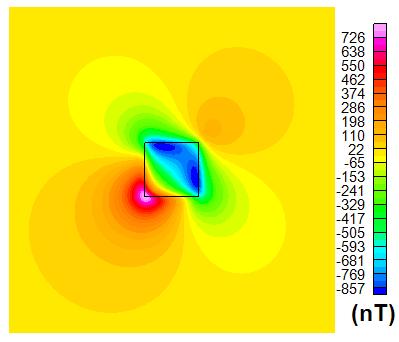 anomalia em (e) (g) Anomalia magnética de um cubo; Inclinação magnética de 15 e declinação de 45,