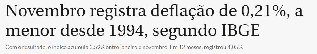 Título: Novembro registra deflação de 0,21%, a menor desde 1994, segundo IBGE Veículo: Correio Brasiliense Data: 07.12.