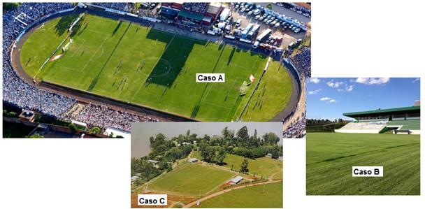 No segundo cenário foi proposta a irrigação de campos de futebol localizados na cidade, aqui denominados A, B e C, conforme Figura 3.