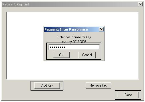 4. Utilize o programa Pageant Key List para carregar a chave privada criada, que será utilizada pelo software cliente SSH, conforme imagem a seguir: Carregando a chave privada 5.