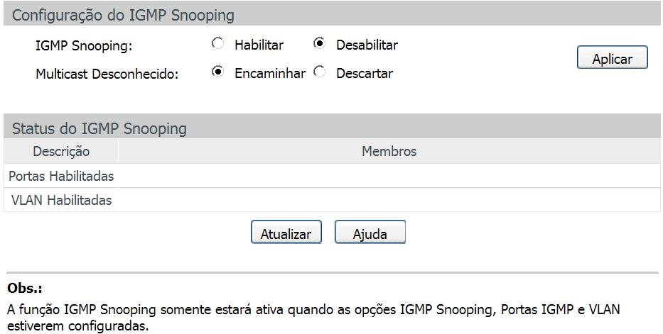 IGMP Snooping Nesta página é possível habilitar a função IGMP Snooping no switch.