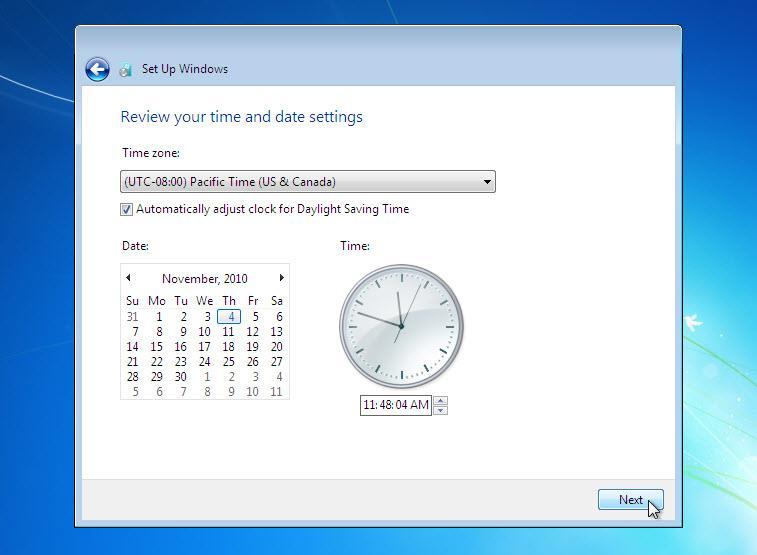 Passo 17 Na tela "Revisar as configurações de data e hora", configure o relógio do computador para corresponder a sua data, hora e o fuso horário. Clique em Avançar.