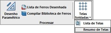 Resumo de Tela no Pavimento Tipo1 Com o desenho de esquema de telas montado, execute a seqüência de comandos Processar Telas soldadas Resumo de telas : Defina os