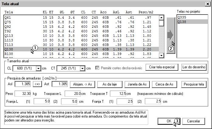 Comando: Armadura Inserção Inserir uma tela Posicione o bloco: <R> Recobrimento /revestimento (cm)?