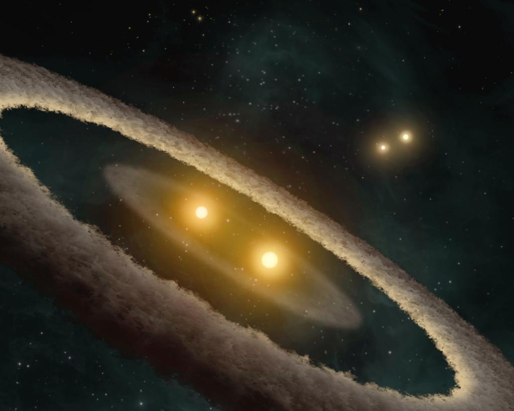 Sistemas múltiplos Ilustração de HD 98800, um sistema quádruplo composto por 4 estrelas T tauri (estrelas jovens).