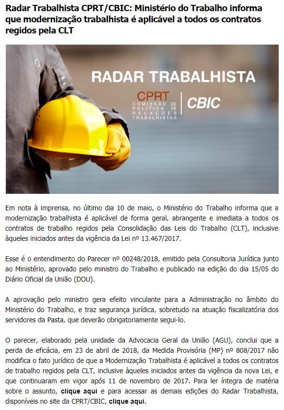 Título: Radar Trabalhista CPRT/CBIC: Ministério do Trabalho informa que modernização trabalhista é