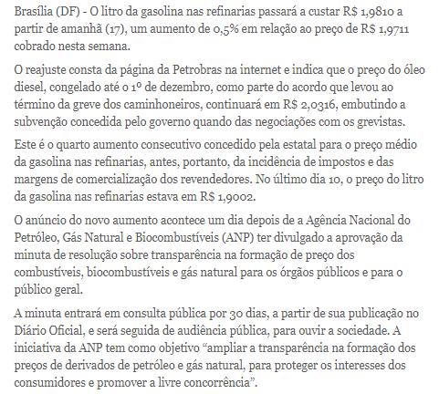CLIPPING DE NOTÍCIAS Título: Petrobras anuncia alta de 0,5% de gasolina nas