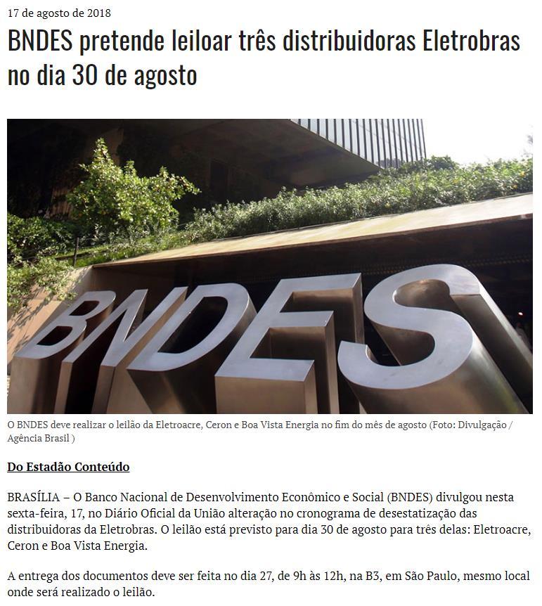 CLIPPING DE NOTÍCIAS Título: DNDES pretende leiloar três distribuidoras