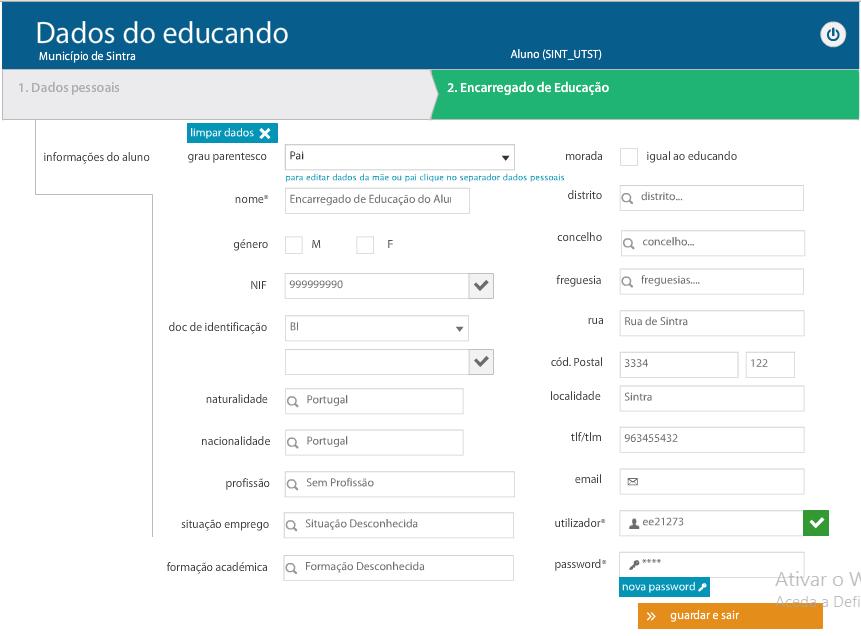 2.1.2 Meus dados Nesta área, o Encarregado de Educação poderá consultar e/ou editar os seus