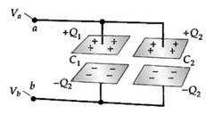 Se as capacitancias forem dadas por e, as cargas armazanadas nos capacitores serão: V e V A carga total armazenada é, V V V Isso nos