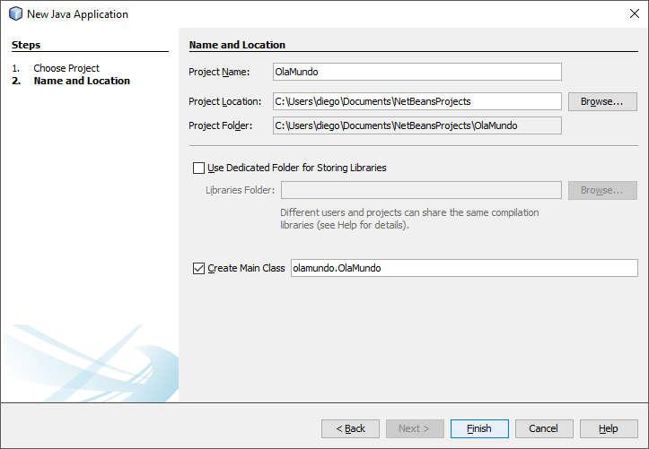 Netbeans Escolha um nome para seu projeto e deixe marcado Criar Classe Principal (Create Main Class): [Nesta tela há um campo para se digitar o nome do projeto,