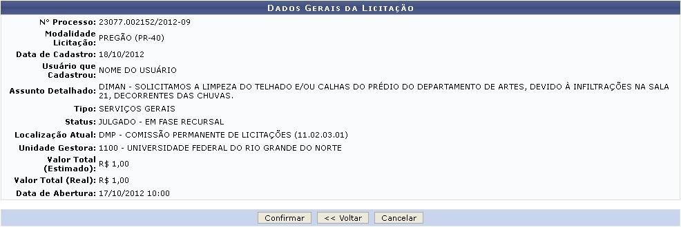 O sistema exibirá os Dados Gerais da Licitação em uma nova página: Caso esteja certo que deseja gerar o resumo para empenho, confira