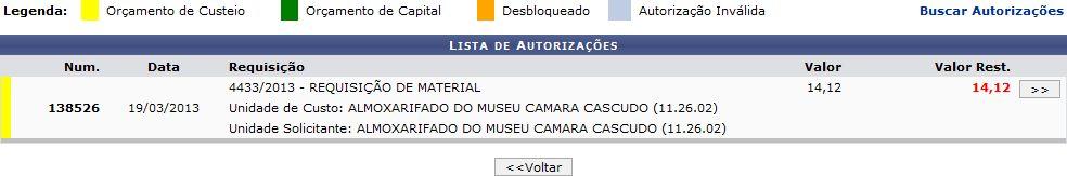 A tela apresentada acima, o usuário poderá realizar uma busca por autorizações. Para dar prosseguimento a operação, clique em Buscar.