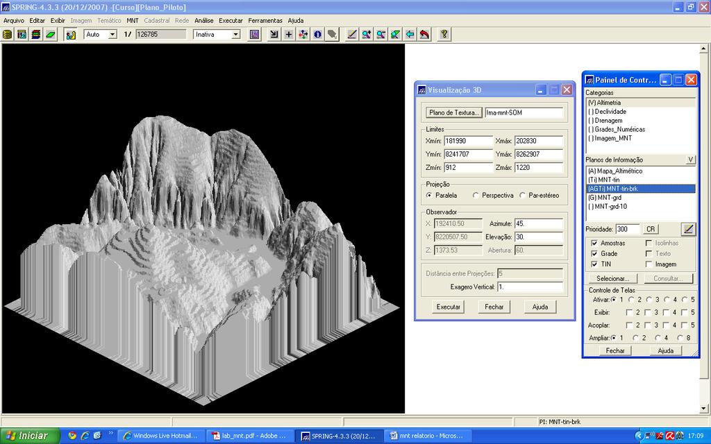 Exercício 10 - Visualização de Imagem em 3D A visualização 3D é gerado pela projeção geométrica planar de uma grade regular de relevo com textura definida pelos dados de uma imagem de textura ( PI de